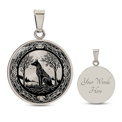 An Elegant silver pendant Celtic Wolf necklace With a silver and Black background. This jewelry offers personalization with an engraving option for a name.