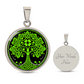 Elegant Silver pendant featuring a vivid Green Celtic four leaf Clover Tree of Life Necklace, set against a Black & silver backdrop. This jewelry offers personalization with an engraving option for a name.