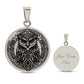 an Elegant silver pendant Celtic Owl necklace featuring a vivid Celtic black owl inside a circle frame with a silver backdrop. This jewelry offers personalization with an engraving option for a name.