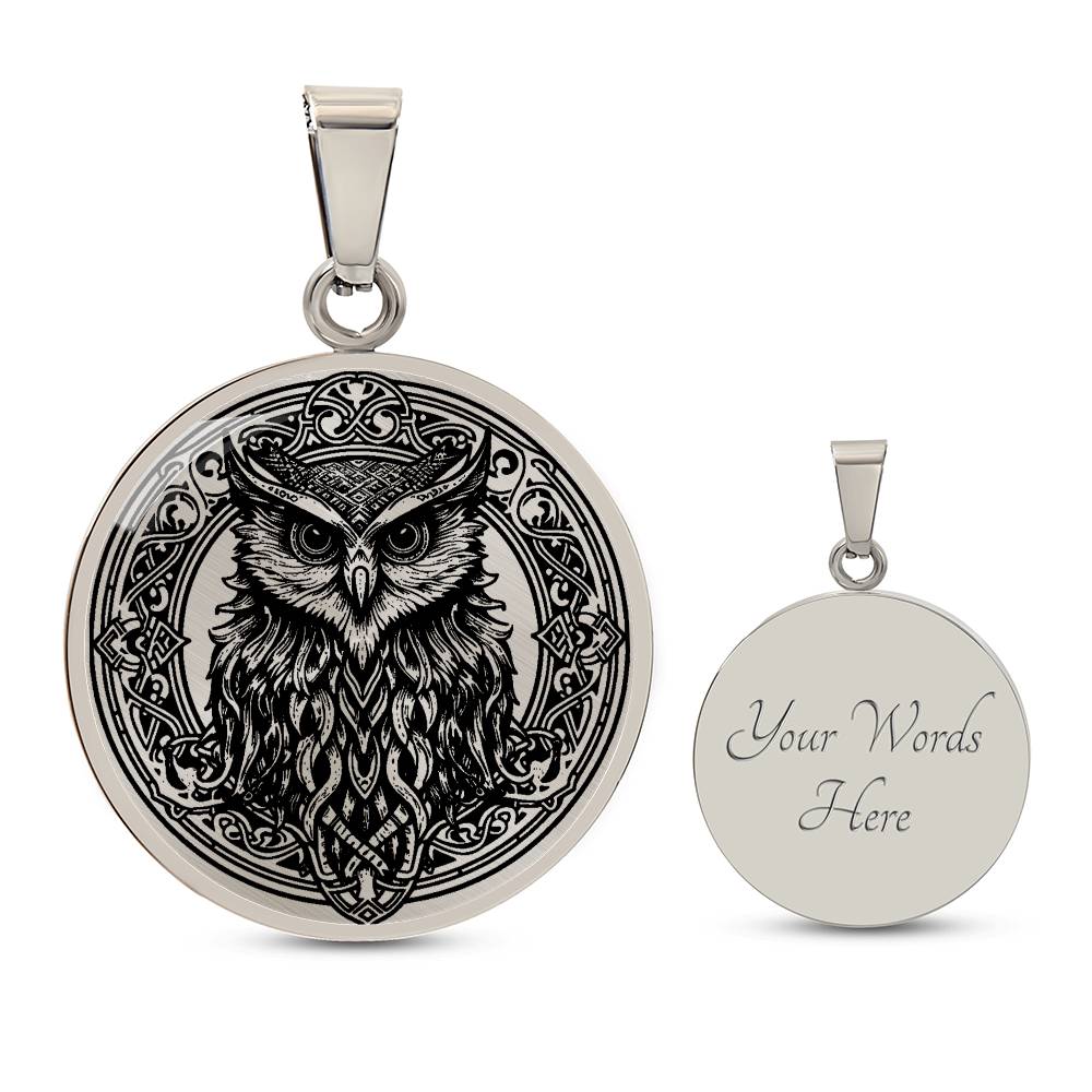 an Elegant silver pendant Celtic Owl necklace featuring a vivid Celtic black owl inside a circle frame with a silver backdrop. This jewelry offers personalization with an engraving option for a name.