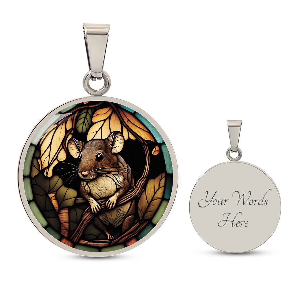 an Elegant silver pendant Rat necklace. Brown Rat, Brown Twigs, yellow and green leaves, blue, orange and green border. This jewelry offers personalization with an engraving option for a name.