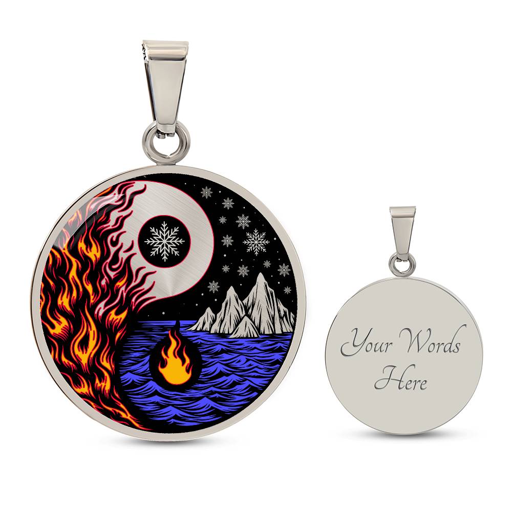 Elegant silver pendant featuring a vivid Red/Orange Fire, Blue Water, Silver snow flakes and Silver Icebergs. set against a silver & Black backdrop. This jewelry offers personalization with an engraving option for a name.