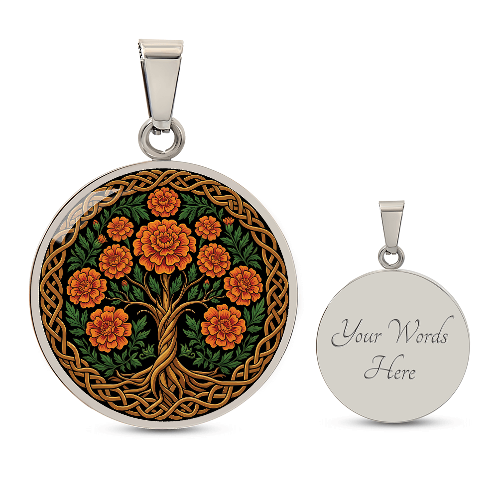 Celtic Tree of Life Pendant Necklace - Marigold October Birth Flower Jewelry