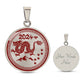 Elegant silver pendant necklace featuring a vivid red Dragon, set against a silver backdrop. This jewelry offers personalization with an engraving option for a name.