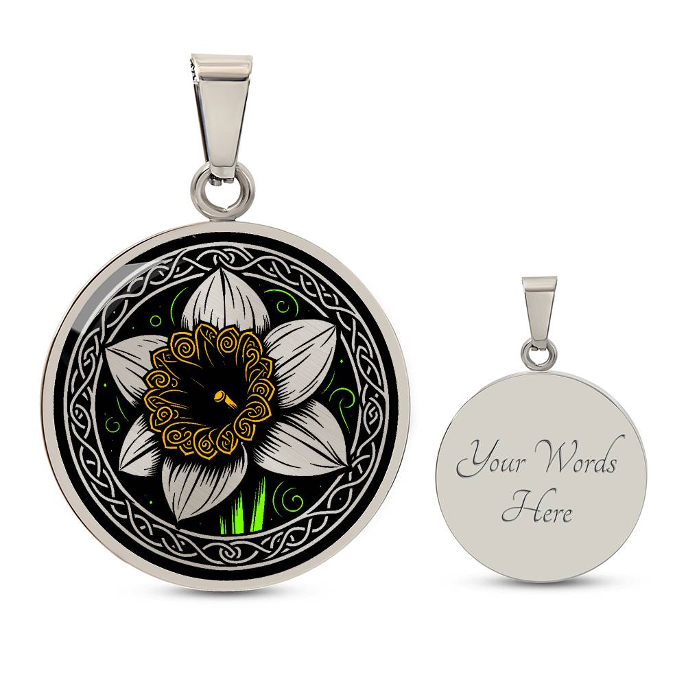 Elegant silver pendant featuring a vivid Yellow Daffodil Birth Flower Necklace, March birth month flower, set against a Green & Black backdrop with a Celtic border. Personalization with an engraving option for a name.