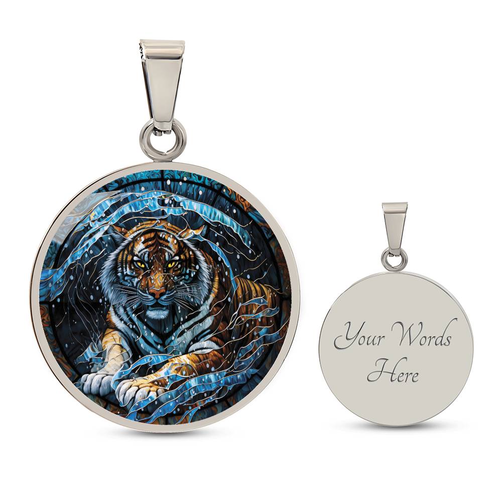 An elegant silver pendant Chinese Zodiac Tiger Necklace. The colors are blue, black, orange, white and yellow. This jewelry offers personalization with an engraving option for a name.