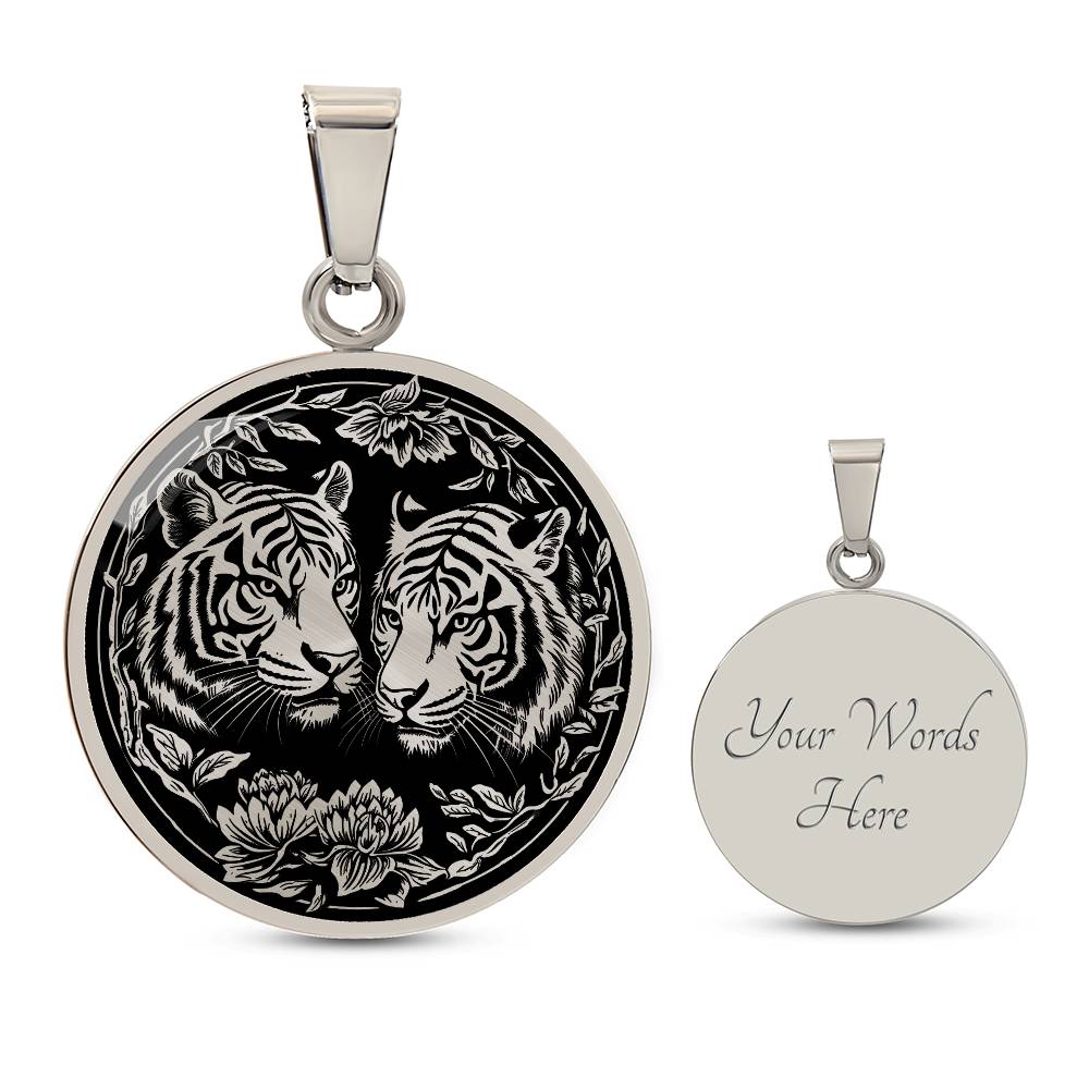 An elegant silver pendant Year of the Tiger Necklace. The colors are silver and black. This jewelry offers personalization with an engraving option for a name.