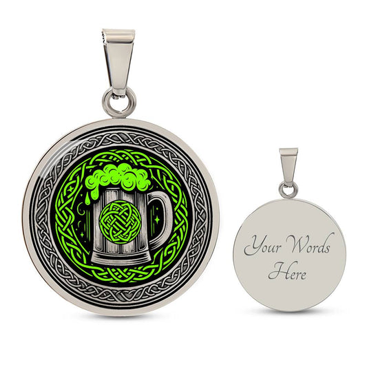 Elegant Silver pendant featuring a vivid Green Celtic Knots Necklace with a Green Beer Stein , set against a Black & silver backdrop. This jewelry offers personalization with an engraving option for a name.