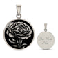 an Elegant January Silver pendant Carnation Birth Flower necklace featuring a vivid silver flower, set against a black backdrop. This jewelry offers personalization with an engraving option for a name.