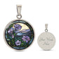 Silver Pendant Purple Morning Glory necklace, With green grass, a Yellow sky and purple mountains, Blue Lake, Muti Colored Border. This necklace offers personalization option for a name.