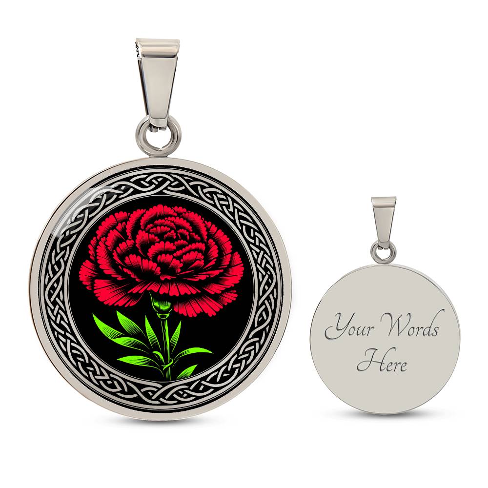 an Elegant January Silver pendant Celtic Carnation Birth Flower necklace featuring a vivid red, green flower, set against a Silver & black backdrop. This jewelry offers personalization with an engraving option for a name.