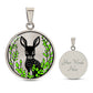 An Elegant silver pendant Deer Necklace. All in Silver and black with green leaves. This jewelry offers personalization with an engraving option for a name.