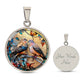 Elegant silver pendant necklace featuring two turtle doves, set against a subtle tan backdrop. This jewelry offers personalization with an engraving option for a name.