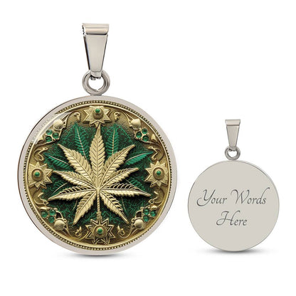an Elegant silver pendant Weed Leaf necklace featuring a Green and Gold Marijuana Leaf. This jewelry offers personalization with an engraving option for a name.