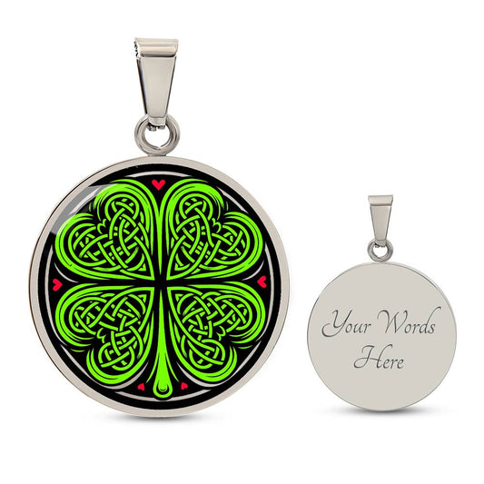 Elegant Silver pendant necklace featuring a vivid Celtic four leaf clover with four red & Green hearts, set against a subtle Black & silver backdrop. This jewelry offers personalization with an engraving option for a name.