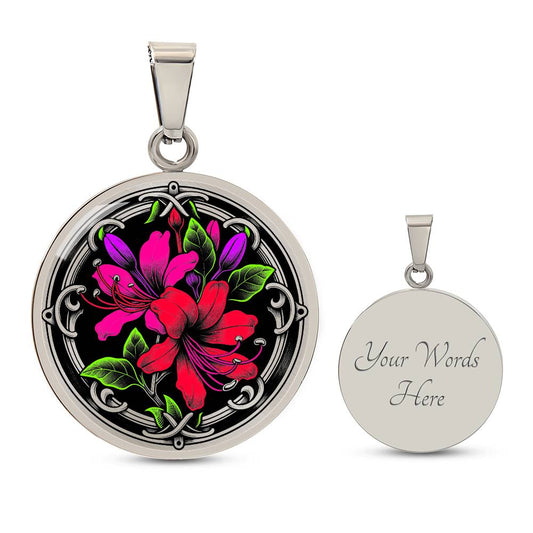 Elegant silver pendant featuring a vivid red, Pink & Purple honeysuckles, Junes birth month flower, set against a black backdrop with the metal shinning through. This necklace offers personalization with an engraving option for a name.