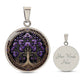 an elegant silver pendant Larkspur Tree of Life Necklace. The Colors are purple, green and brown. This jewelry offers personalization with an engraving option for a name.