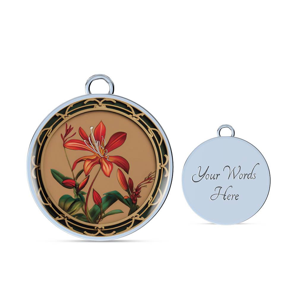 Elegant silver pendant Honeysuckle Bracelet, Junes birth month flower, Colors are Tan, Red, Green and black. This necklace offers personalization with an engraving option for a name.