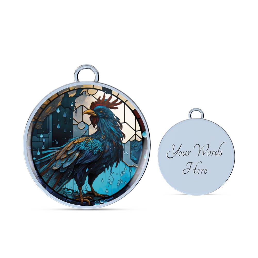 an Elegant silver pendant Rooster Bracelet, featuring a blue/red colored rooster set against a tan/blue Rain backdrop. This jewelry offers personalization with an engraving option for a name.