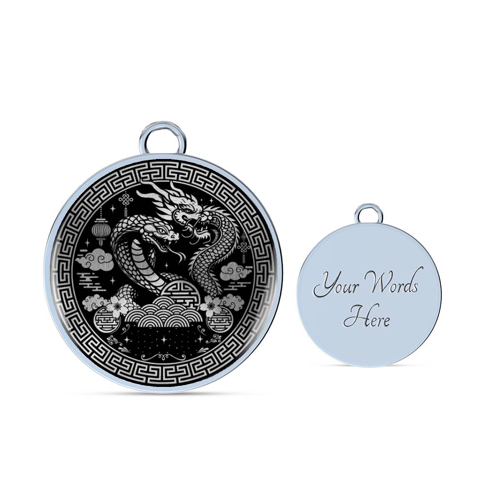 An Elegant silver Year of the Dragon and Snake Bracelet. The colors are silver and black. This bangle bracelet & pendant has an engraving option for a personalization.