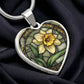 an Elegant silver pendant featuring a vivid Daffodil Birth Flower Necklace, March birth month flower, set against a Green & Tan backdrop. This jewelry offers personalization with an engraving option for a name.