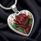 Elegant Silver pendant featuring a vivid red Rose, June's birth month flower, set against a subtle stained glass backdrop. This necklace offers personalization with an engraving option for a name.