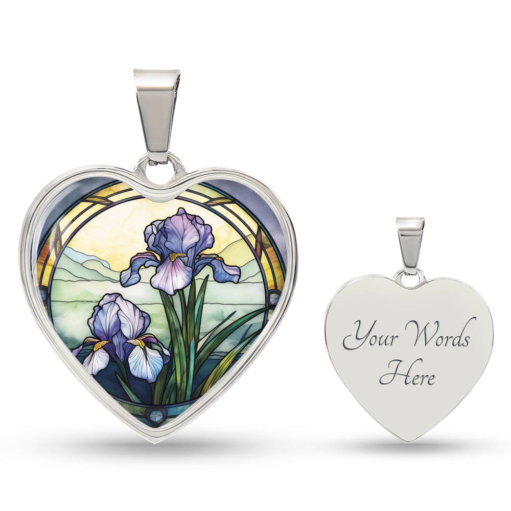 Silver Heart Pendant Purple Iris flower necklace, With green grass, a Yellow sunset and Green mountains. This necklace offers personalization option for a name.