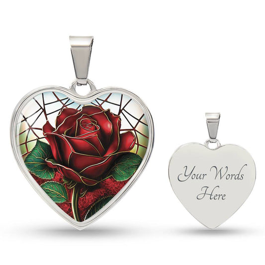 Elegant Silver pendant featuring a vivid red Rose, June's birth month flower, set against a subtle stained glass backdrop. This necklace offers personalization with an engraving option for a name.