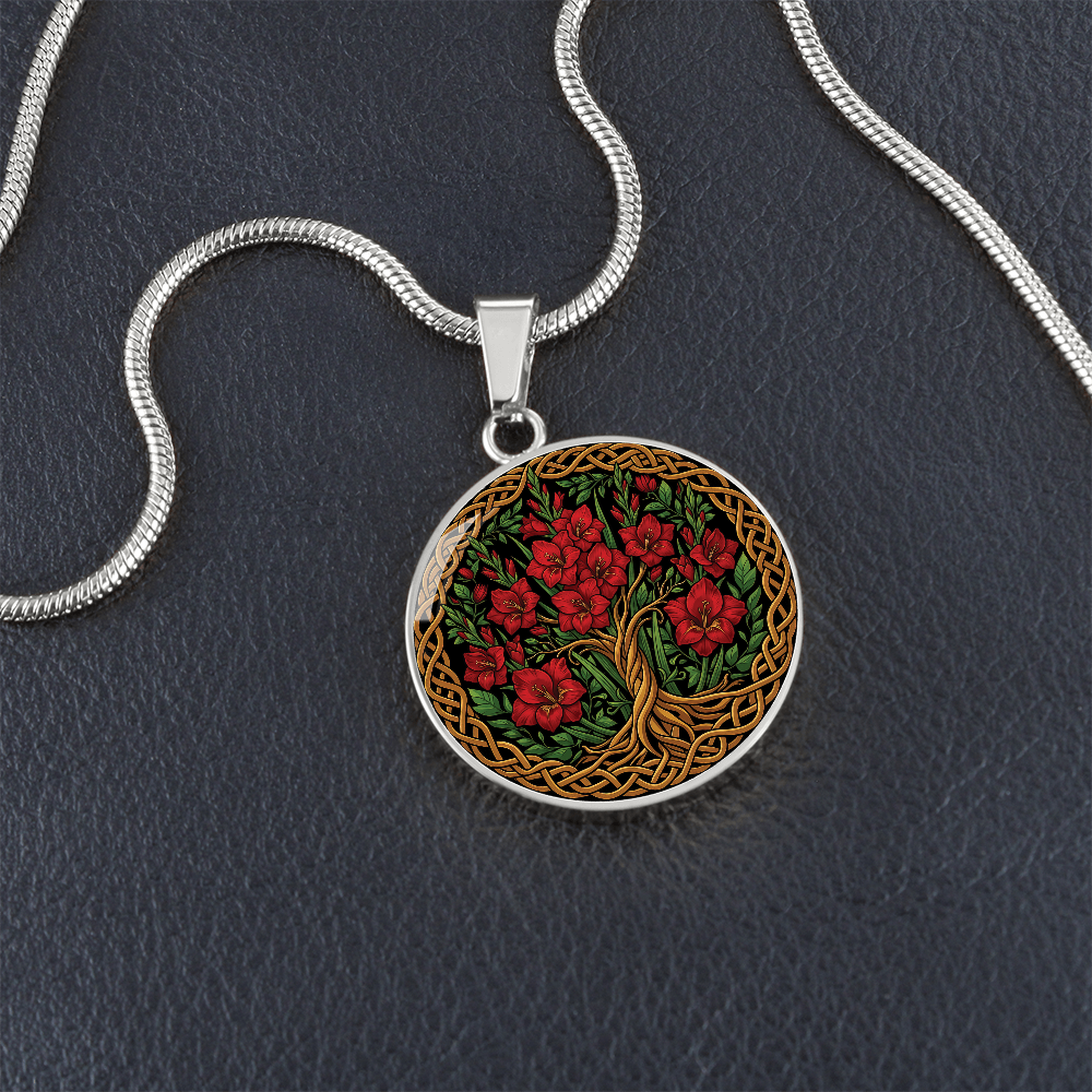 Celtic Tree of Life Pendant Necklace - Gladiolus August Birth Flower Jewelry