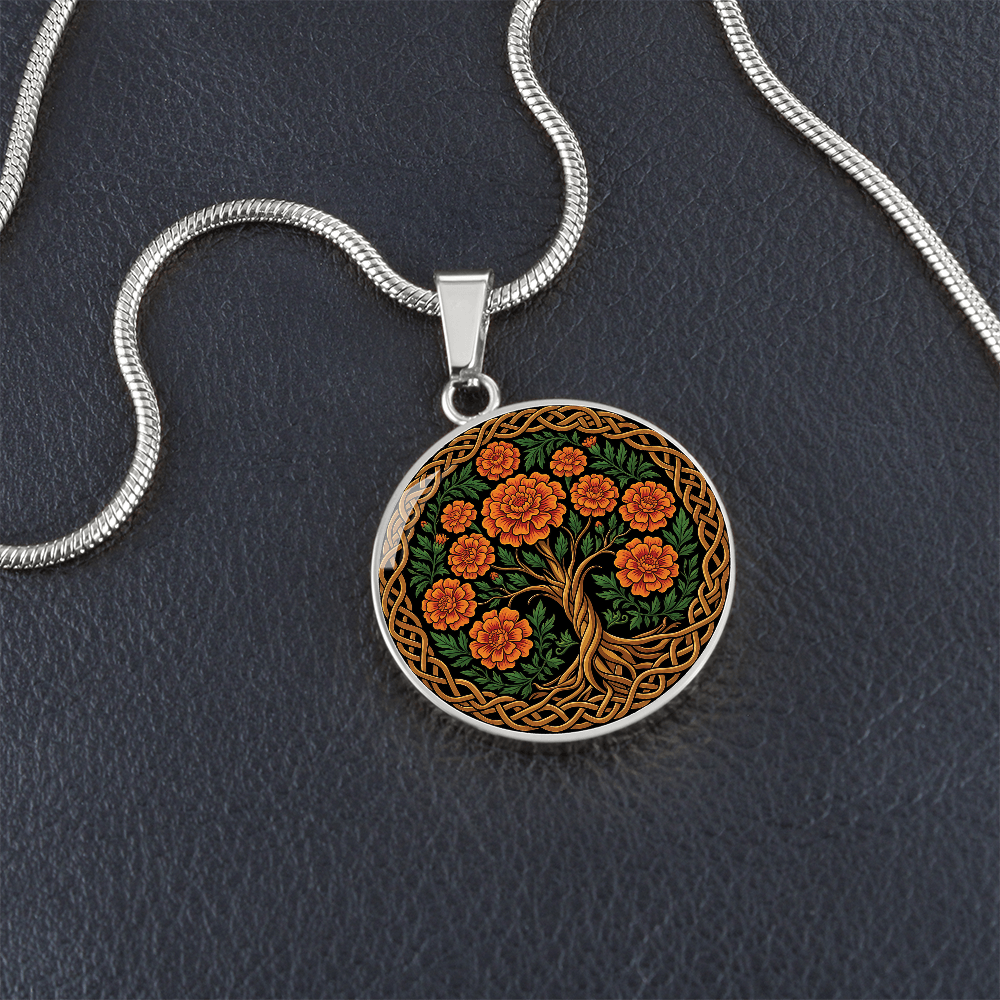 Celtic Tree of Life Pendant Necklace - Marigold October Birth Flower Jewelry