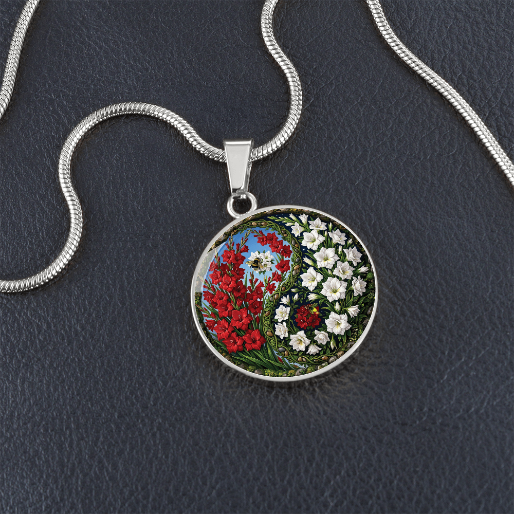 Gladiolus Yin Yang Necklace - August Birth Month Flower Pendant Jewelry