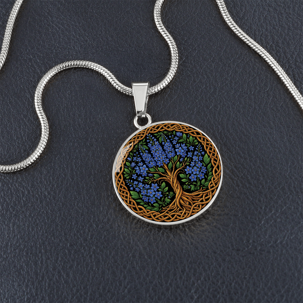 Celtic Tree of Life Pendant Necklace - Larkspur July Birth Flower Jewelry