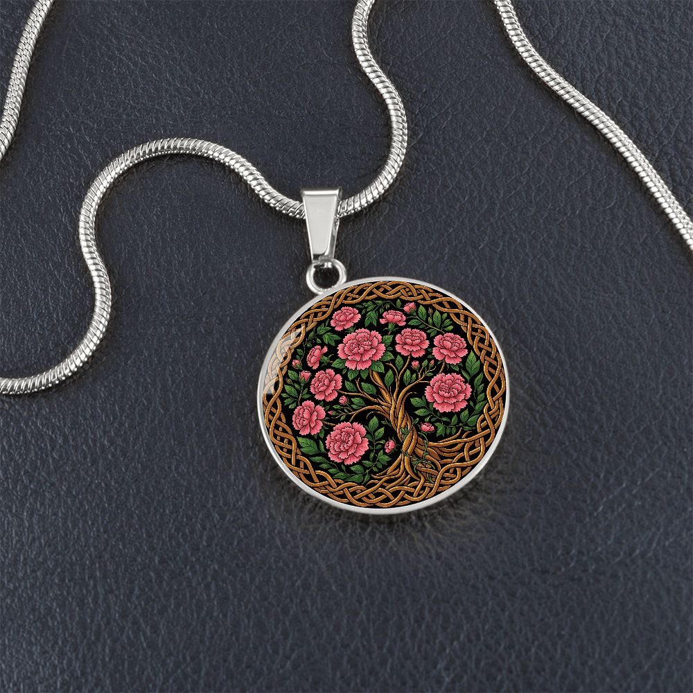 Celtic Tree of Life Pendant Necklace - Carnation January Birth Flower Jewelry