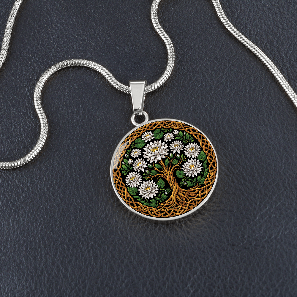 Celtic Tree of Life Pendant Necklace - Water Lily July Birth Flower Jewelry