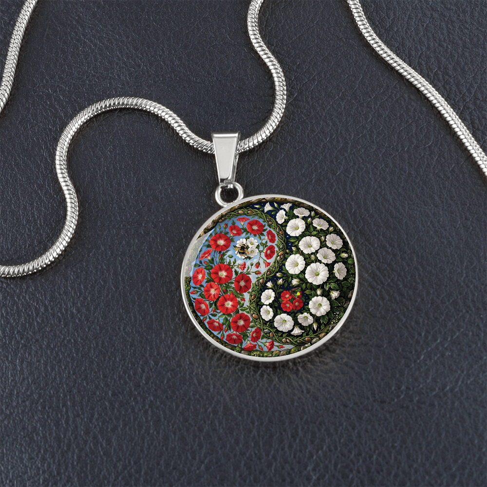 Red and White Morning Glory Yin Yang Necklace - September Birth Month Flower Pendant Jewelry