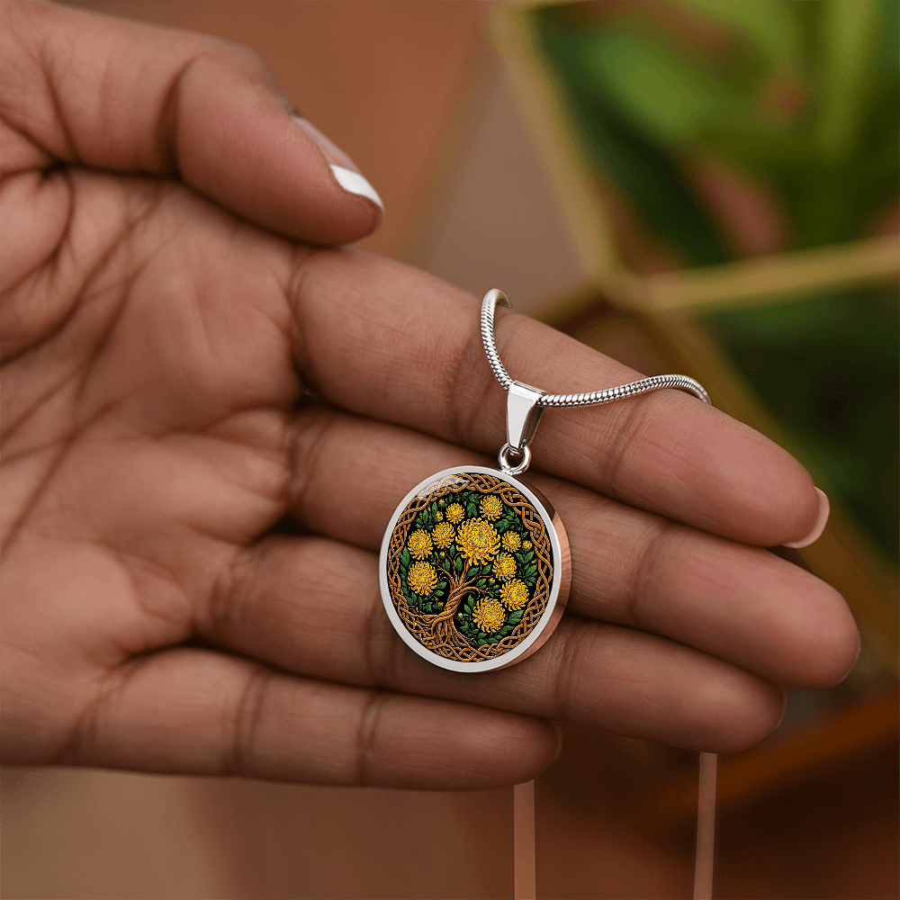 Celtic Tree of Life Pendant Necklace - Chrysanthemum November Birth Flower Jewelry
