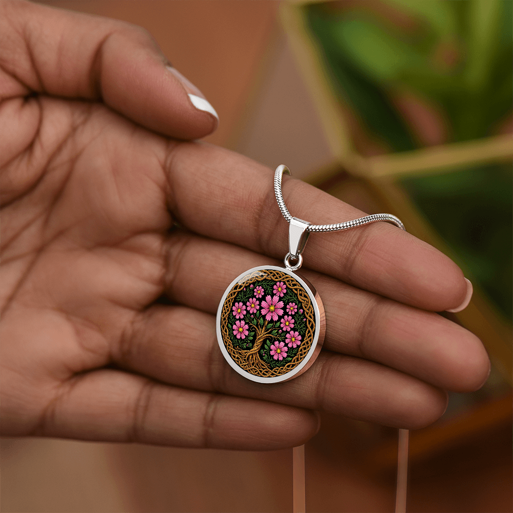 Celtic Tree of Life Pendant Necklace - Cosmos October Birth Flower Jewelry
