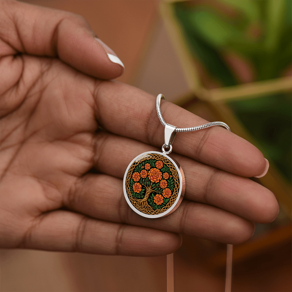 Celtic Tree of Life Pendant Necklace - Marigold October Birth Flower Jewelry