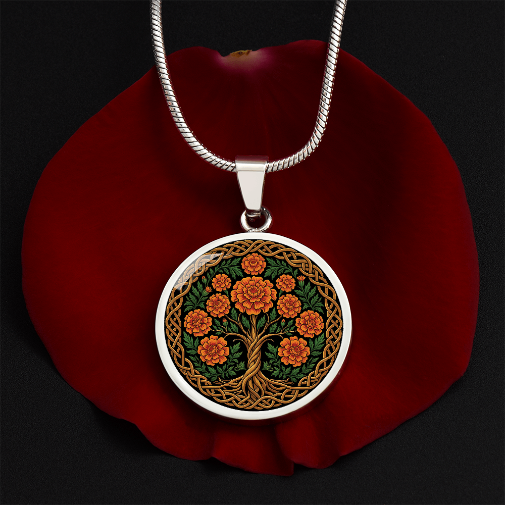Celtic Tree of Life Pendant Necklace - Marigold October Birth Flower Jewelry