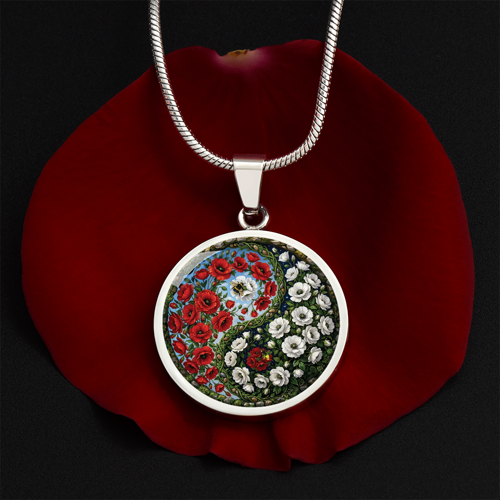 Poppy Yin Yang Necklace - August Birth Month Flower Pendant Jewelry