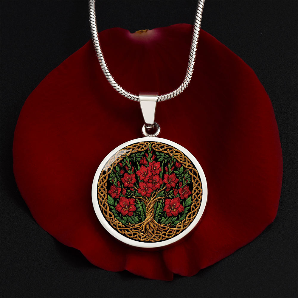 Celtic Tree of Life Pendant Necklace - Gladiolus August Birth Flower Jewelry