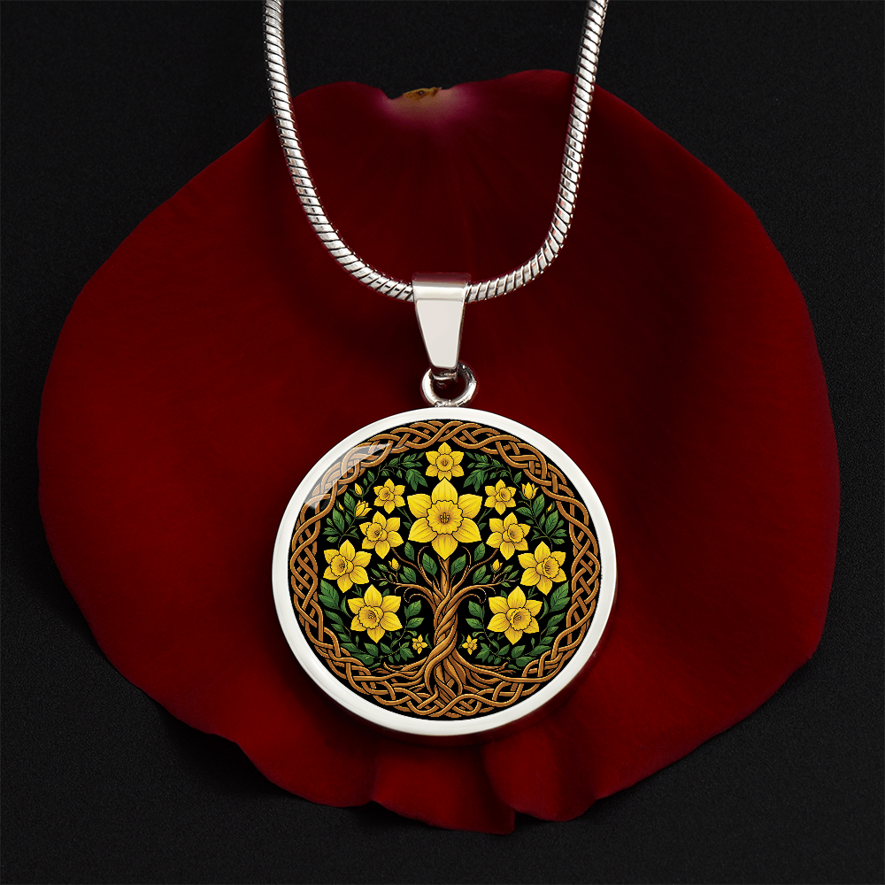 Celtic Tree of Life Pendant Necklace - Daffodil March Birth Flower Jewelry