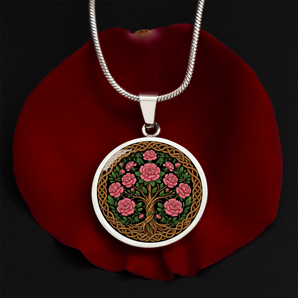 Celtic Tree of Life Pendant Necklace - Carnation January Birth Flower Jewelry