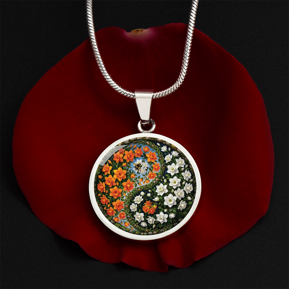 Daffodil Yin Yang Necklace - March Birth Month Flower Pendant Jewelry
