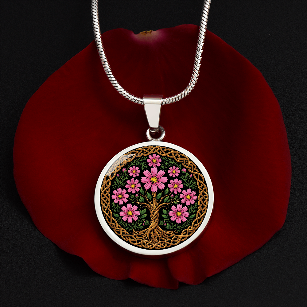 Celtic Tree of Life Pendant Necklace - Cosmos October Birth Flower Jewelry