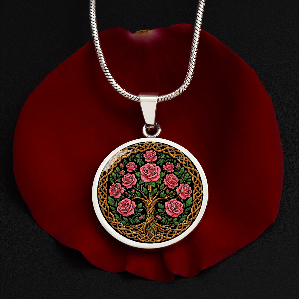 Celtic Tree of Life Pendant Necklace - Rose June Birth Flower Jewelry