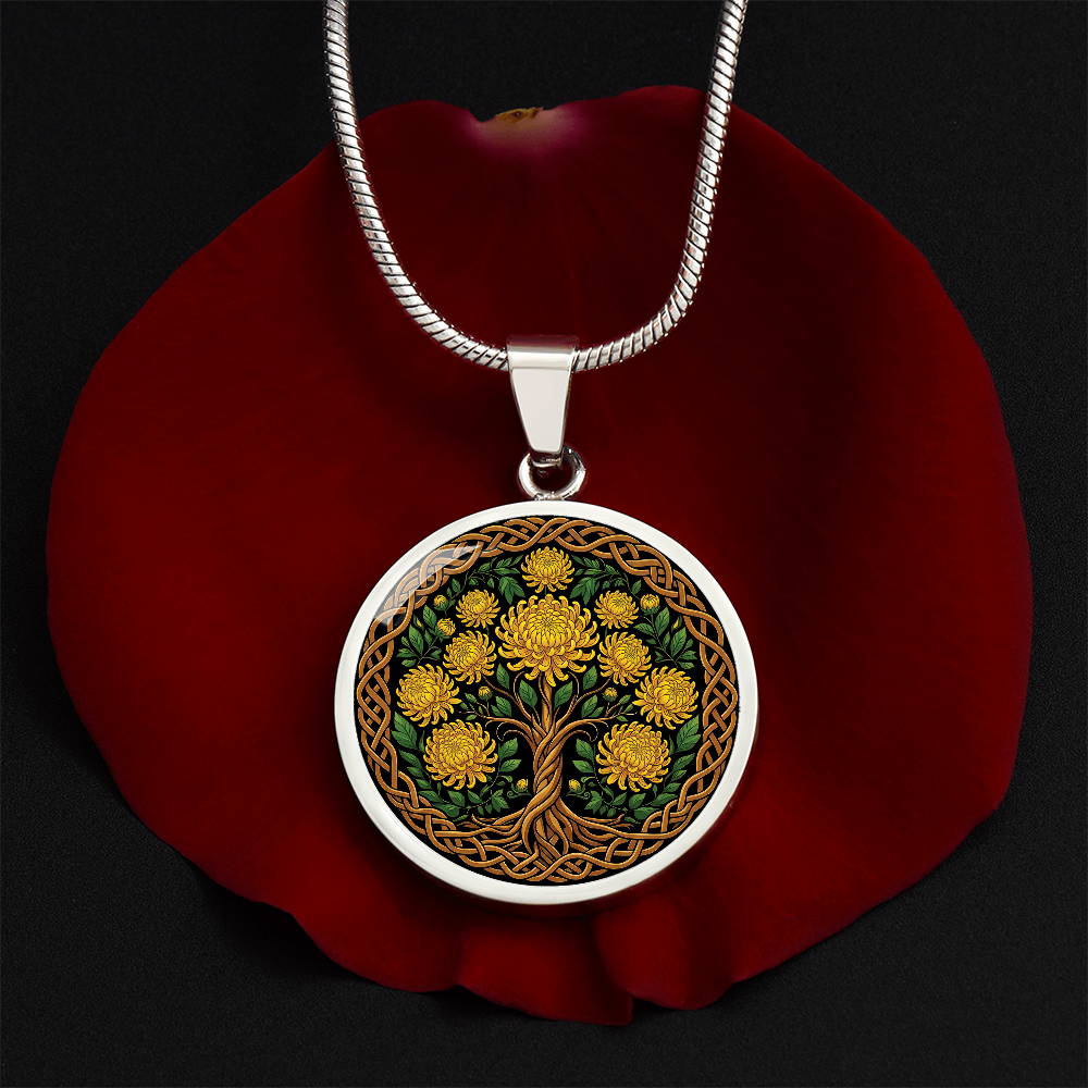 Celtic Tree of Life Pendant Necklace - Chrysanthemum November Birth Flower Jewelry