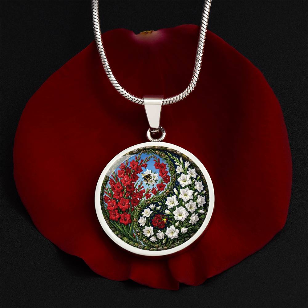 Gladiolus Yin Yang Necklace - August Birth Month Flower Pendant Jewelry