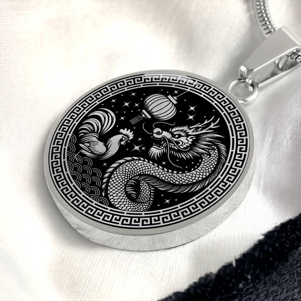 An Elegant silver pendant featuring a Year of the Rooster and Year of The Dragon Necklace in silver and black. This jewelry offers personalization with an engraving option for a name.