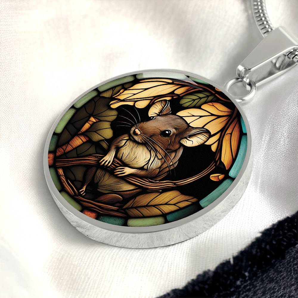 an Elegant silver pendant Rat necklace. Brown Rat, Brown Twigs, yellow and green leaves, blue, orange and green border. This jewelry offers personalization with an engraving option for a name.